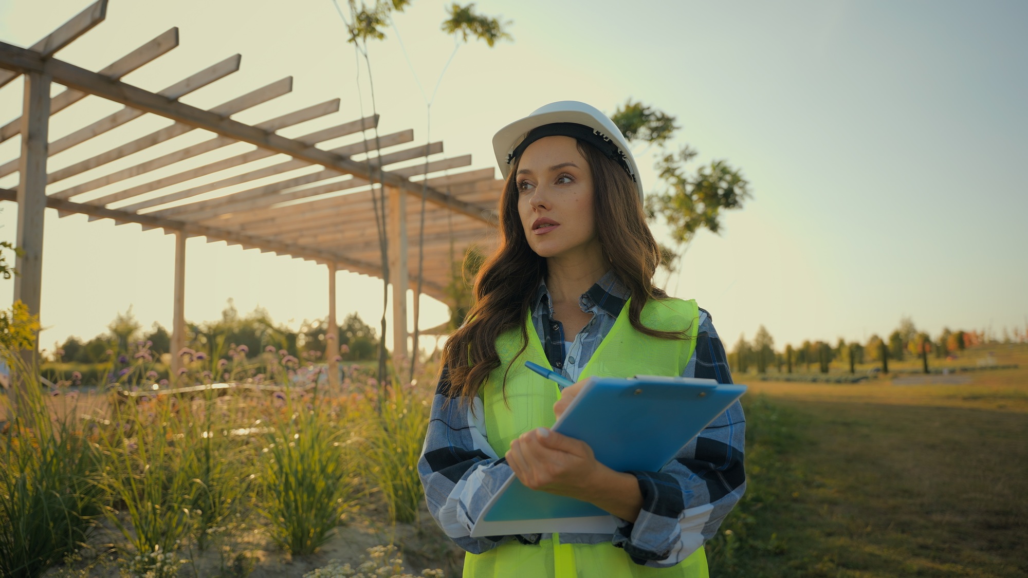 Thoughtful Caucasian woman female lady specialist technician environmental engineer girl inspecting